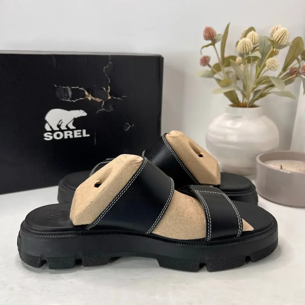 Sorel Rein CB Slide Leather Platform Sandal Black Women's 11 Tried On - Picture 7 of 11